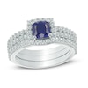 Thumbnail Image 0 of 5.0mm Cushion-Cut Lab-Created Blue and White Sapphire Frame Three Piece Bridal Set in Sterling Silver