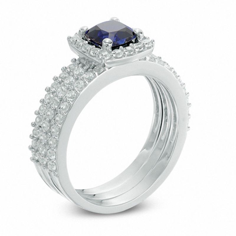 5.0mm Cushion-Cut Lab-Created Blue and White Sapphire Frame Three Piece Bridal Set Sterling Silver