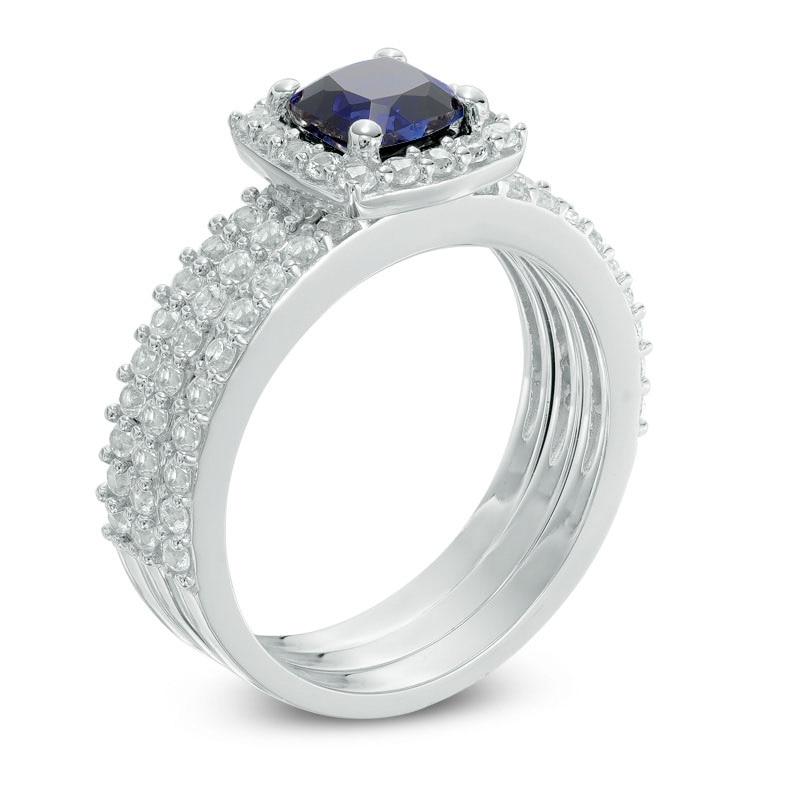 5.0mm Cushion-Cut Lab-Created Blue and White Sapphire Frame Three Piece Bridal Set in Sterling Silver