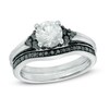 Thumbnail Image 1 of 6.5mm Lab-Created White Sapphire and 0.56 CT. T.W. Black Diamond Tri-Sides Bridal Set in Sterling Silver