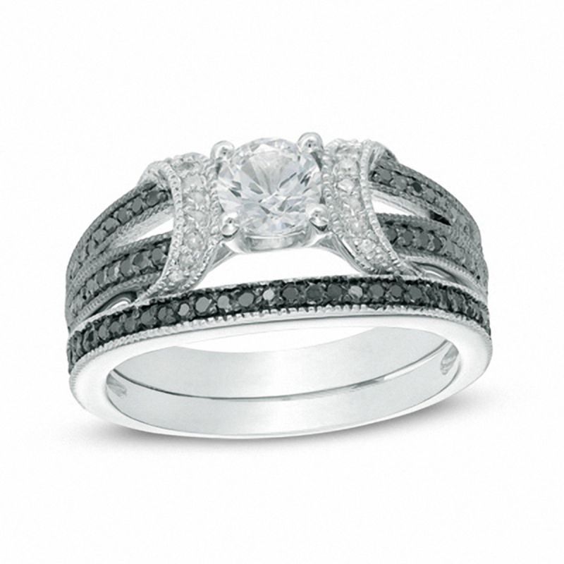5.0mm Lab-Created White Sapphire and 0.41 CT. T.W. Enhanced Black and White Diamond Bridal Set in Sterling Silver