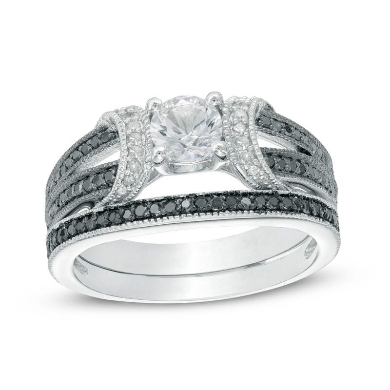 Main Image 1 of 5.0mm Lab-Created White Sapphire and 0.41 CT. T.W. Enhanced Black and White Diamond Bridal Set in Sterling Silver