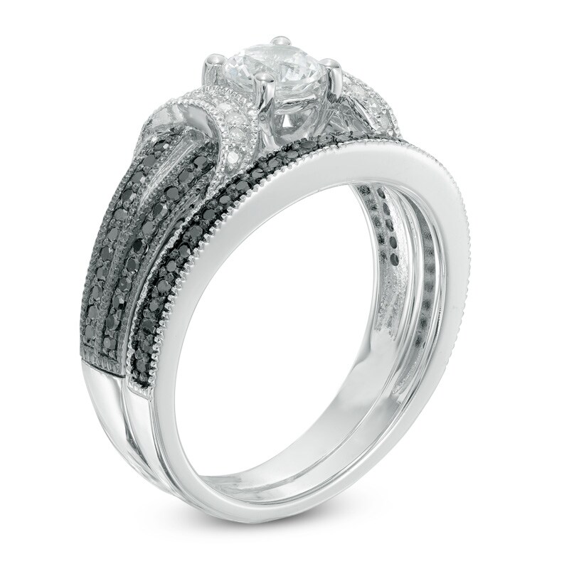Main Image 2 of 5.0mm Lab-Created White Sapphire and 0.41 CT. T.W. Enhanced Black and White Diamond Bridal Set in Sterling Silver