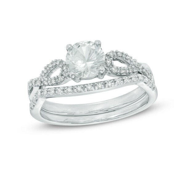 6.0mm Lab-Created White Sapphire and 0.15 CT. T.W. Diamond Twist Bridal Set in 10K White Gold