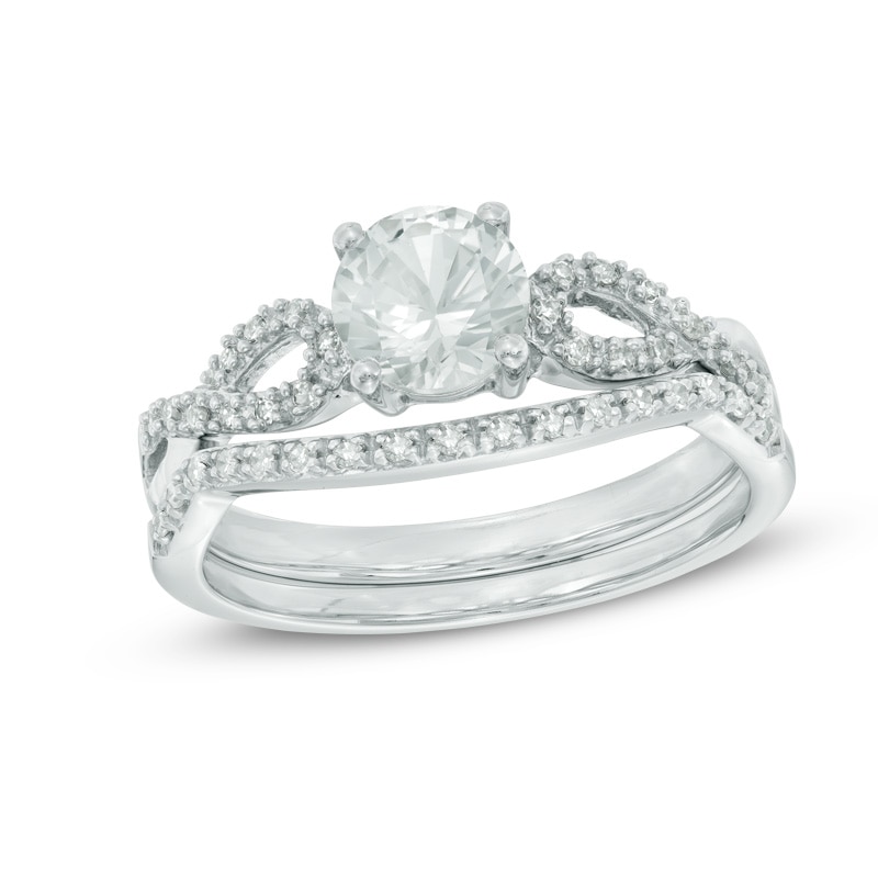 6.0mm Lab-Created White Sapphire and 0.15 CT. T.W. Diamond Twist Bridal Set in 10K White Gold|Peoples Jewellers