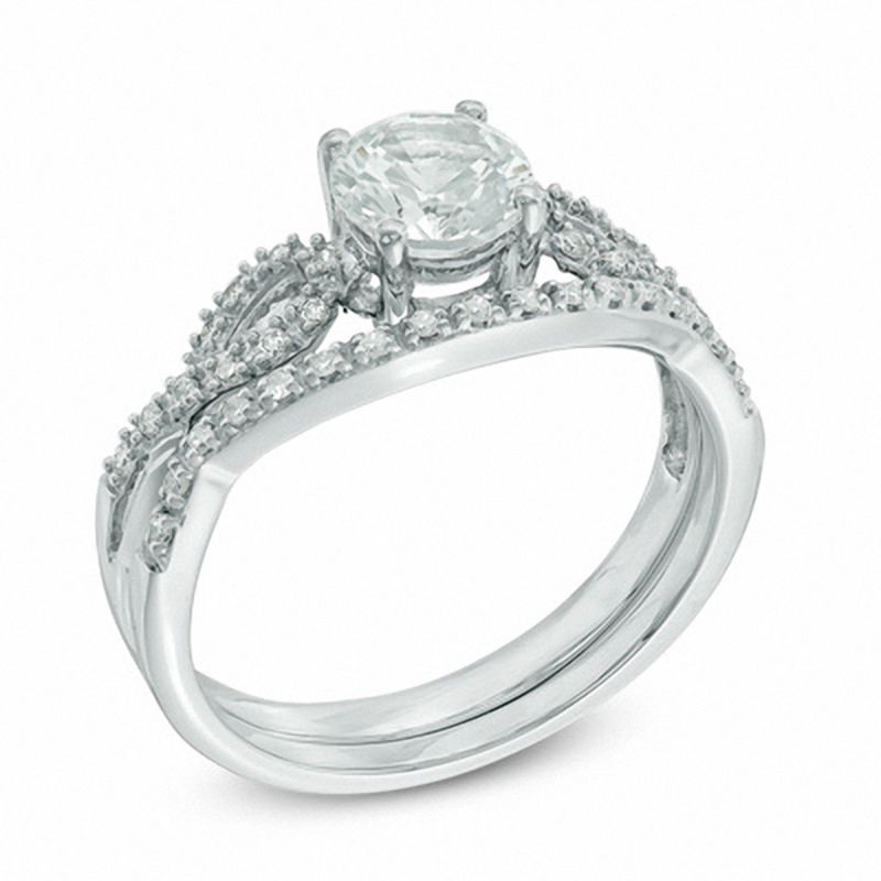 6.0mm Lab-Created White Sapphire and 0.15 CT. T.W. Diamond Twist Bridal Set 10K Gold