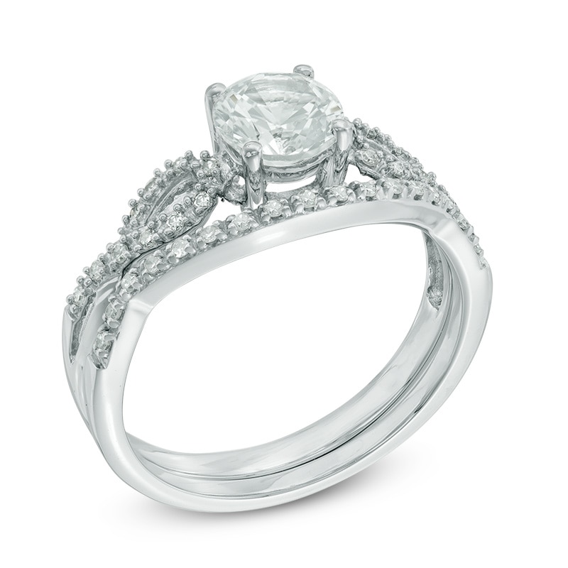 Main Image 2 of 6.0mm Lab-Created White Sapphire and 0.15 CT. T.W. Diamond Twist Bridal Set in 10K White Gold