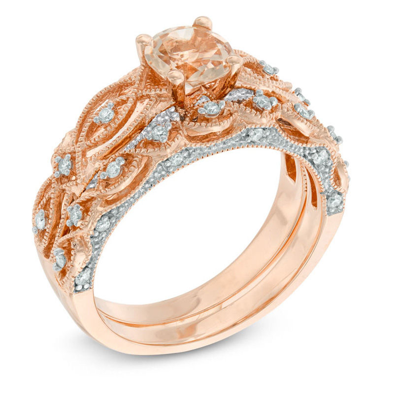 Main Image 2 of 6.0mm Morganite and 0.24 CT. T.W. Diamond Vintage-Style Bridal Set in 10K Rose Gold