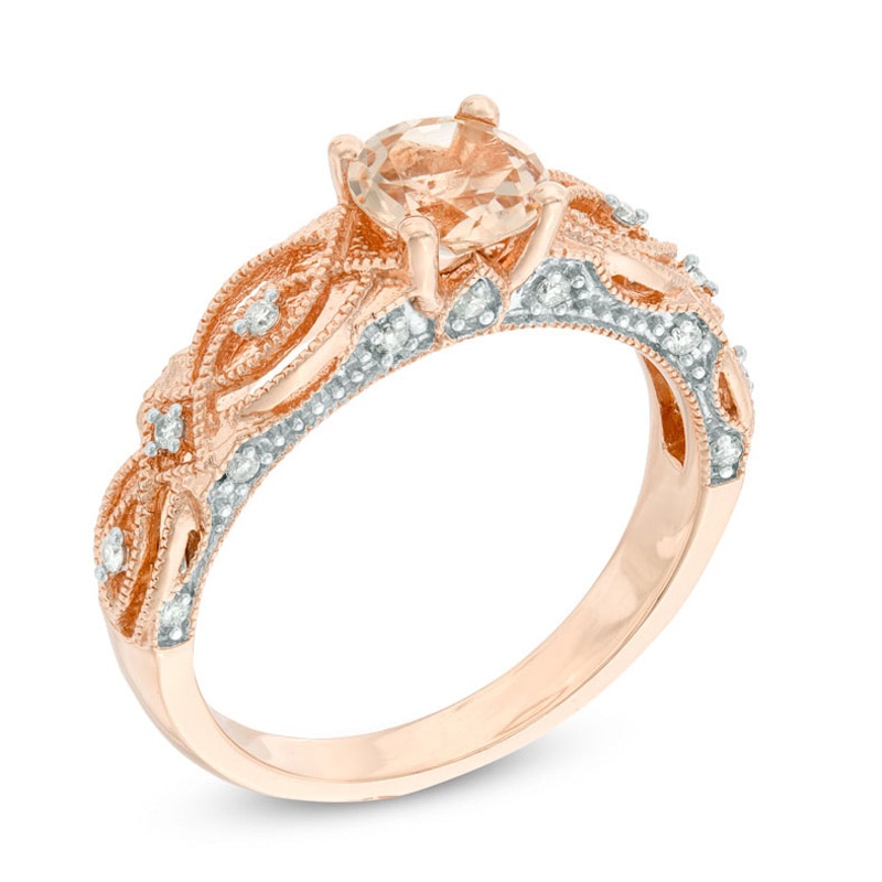 Main Image 3 of 6.0mm Morganite and 0.24 CT. T.W. Diamond Vintage-Style Bridal Set in 10K Rose Gold