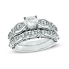 Thumbnail Image 0 of 6.0mm Lab-Created White Sapphire and 0.10 CT. T.W. Diamond Vintage-Style Bridal Set in 10K White Gold