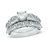 Thumbnail Image 1 of 6.0mm Lab-Created White Sapphire and 0.10 CT. T.W. Diamond Vintage-Style Bridal Set in 10K White Gold