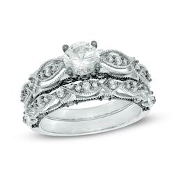 6.0mm Lab-Created White Sapphire and 0.10 CT. T.W. Diamond Vintage-Style Bridal Set in 10K White Gold