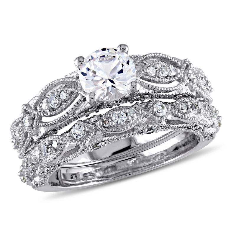 6.0mm Lab-Created White Sapphire and 0.10 CT. T.W. Diamond Vintage-Style Bridal Set in 10K White Gold