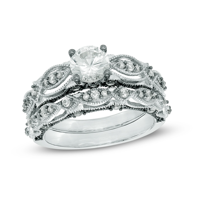 6.0mm Lab-Created White Sapphire and 0.10 CT. T.W. Diamond Vintage-Style Bridal Set in 10K White Gold|Peoples Jewellers