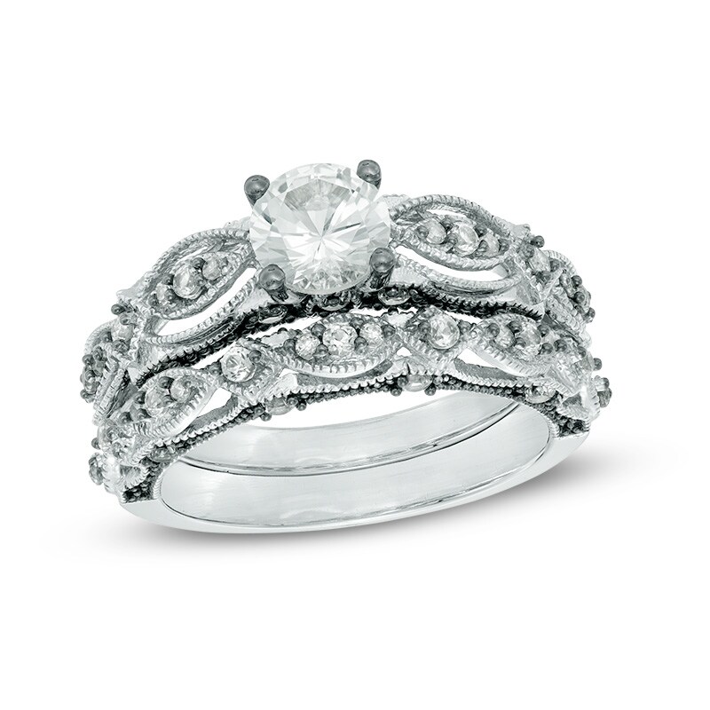 6.0mm Lab-Created White Sapphire and 0.10 CT. T.W. Diamond Vintage-Style Bridal Set in 10K White Gold