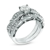 Thumbnail Image 1 of 6.0mm Lab-Created White Sapphire and 0.10 CT. T.W. Diamond Vintage-Style Bridal Set in 10K White Gold
