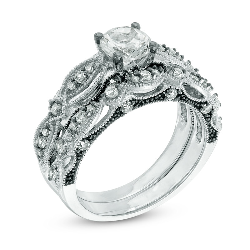 Main Image 2 of 6.0mm Lab-Created White Sapphire and 0.10 CT. T.W. Diamond Vintage-Style Bridal Set in 10K White Gold