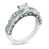Thumbnail Image 2 of 6.0mm Lab-Created White Sapphire and 0.10 CT. T.W. Diamond Vintage-Style Bridal Set in 10K White Gold