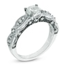Thumbnail Image 3 of 6.0mm Lab-Created White Sapphire and 0.10 CT. T.W. Diamond Vintage-Style Bridal Set in 10K White Gold