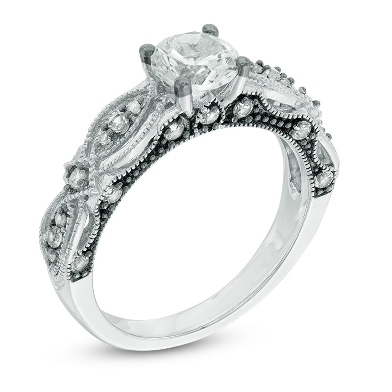 Main Image 3 of 6.0mm Lab-Created White Sapphire and 0.10 CT. T.W. Diamond Vintage-Style Bridal Set in 10K White Gold