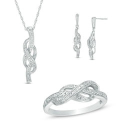 0.15 CT. T.W. Diamond Infinity Pendant, Earrings and Ring Set in Sterling Silver - Size 7