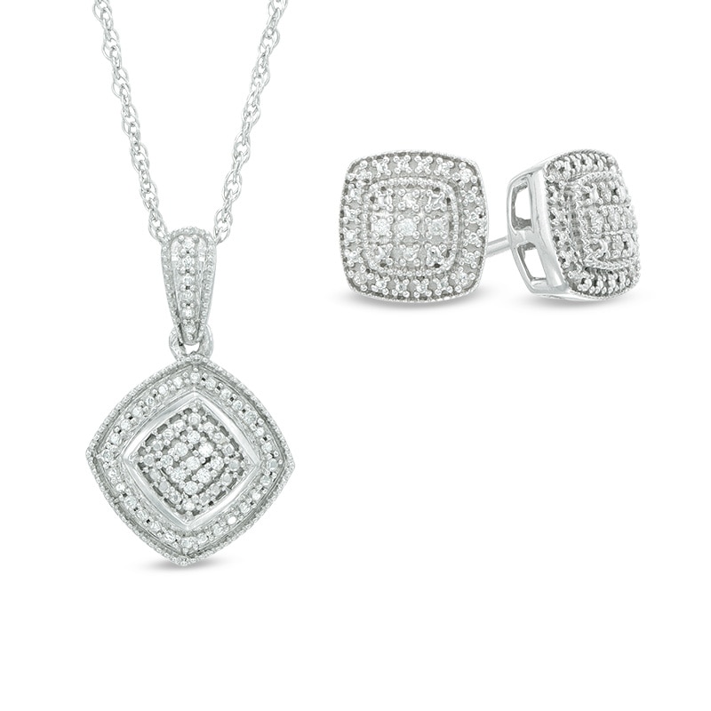 Diamond Accented Square Frame Pendant and Stud Earrings Set in Sterling Silver