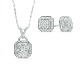 Diamond Accent Octagonal Frame Pendant and Stud Earrings Set in Sterling Silver