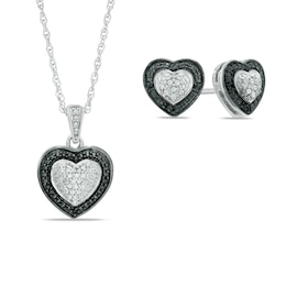 Enhanced Black and White Diamond Accent Heart-Shaped Pendant and Stud Earrings Set in Sterling Silver