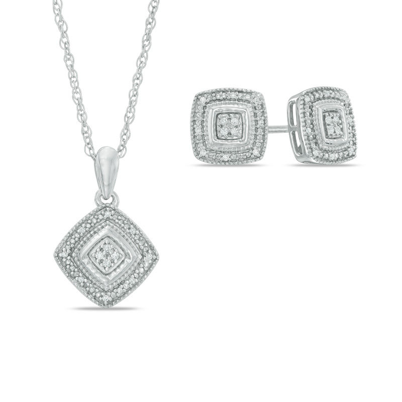 Diamond Accent Square Frame Pendant and Stud Earrings Set in Sterling Silver|Peoples Jewellers