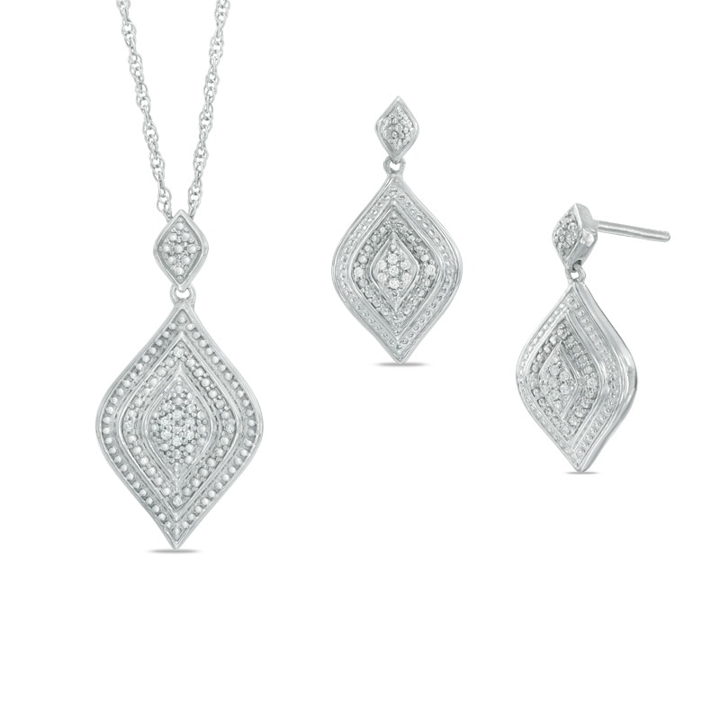 Diamond Accent Flame-Shaped Frame Pendant and Drop Earrings Set in Sterling Silver