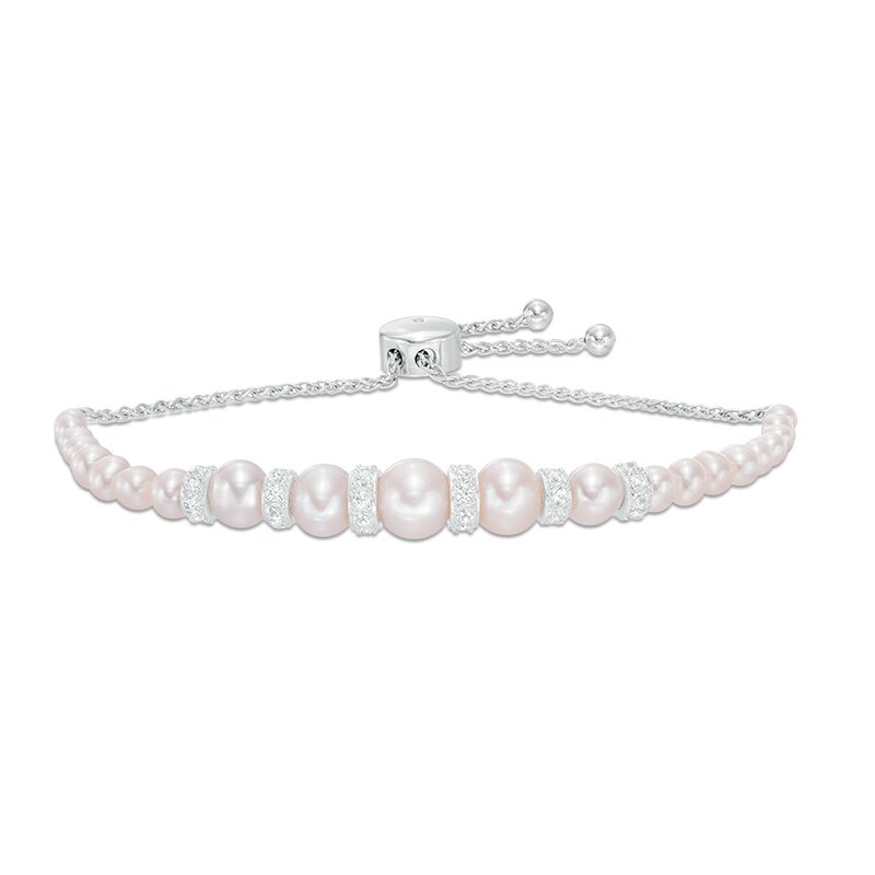 Main Image 1 of 3.0-8.0mm Freshwater Cultured Pearl and Lab-Created White Sapphire Collar Bolo Bracelet in Sterling Silver-9.0"