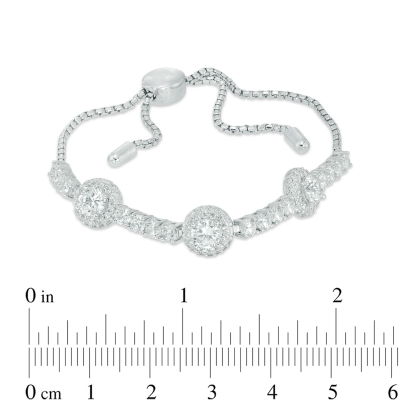 5.0mm Lab-Created White Sapphire Frame Three Stone Bolo Bracelet in Sterling Silver - 9.0"