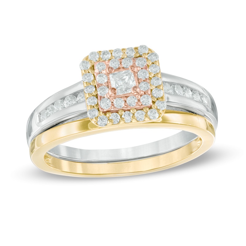 0.45 CT. T.W. Princess-Cut Diamond Double Frame Bridal Set in 10K Tri-Tone Gold|Peoples Jewellers
