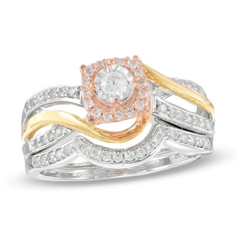 Main Image 1 of 0.45 CT. T.W. Diamond Frame Twist Bridal Set in Sterling Silver and 10K Two-Tone Gold