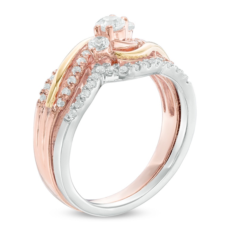 Main Image 2 of 0.45 CT. T.W. Diamond Three Stone Bypass Bridal Set in 10K Tri-Tone Gold