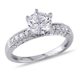 6.5mm Lab-Created White Sapphire and 0.24 CT. T.W. Diamond Vintage-Style Ring in 10K White Gold