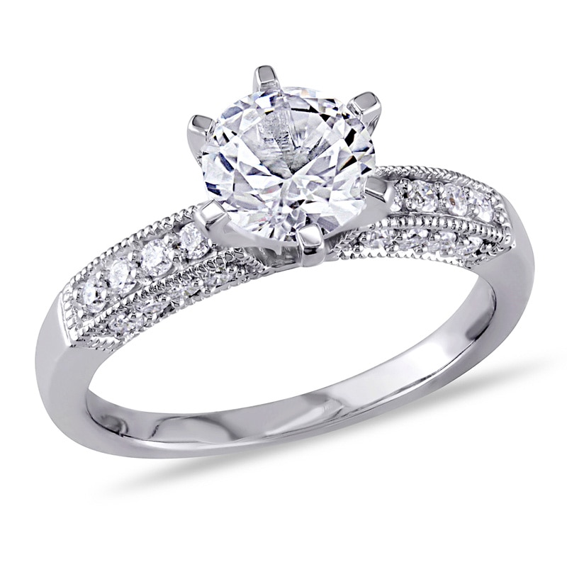 6.5mm Lab-Created White Sapphire and 0.24 CT. T.W. Diamond Vintage-Style Ring in 10K White Gold