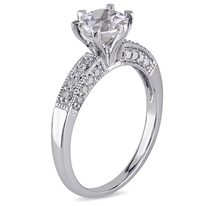 Main Image 3 of 6.5mm Lab-Created White Sapphire and 0.24 CT. T.W. Diamond Vintage-Style Ring in 10K White Gold