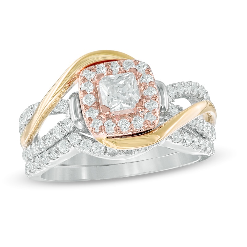 Main Image 1 of 0.95 CT. T.W. Princess-Cut Diamond Square Frame Swirl Bridal Set in 10K Tri-Tone Gold