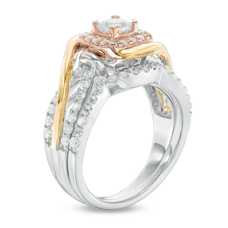 Main Image 2 of 0.95 CT. T.W. Princess-Cut Diamond Square Frame Swirl Bridal Set in 10K Tri-Tone Gold