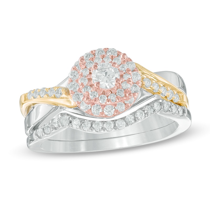 Main Image 1 of 0.45 CT. T.W. Diamond Layered Frame Bridal Set in Sterling Silver and 10K Two-Tone Gold