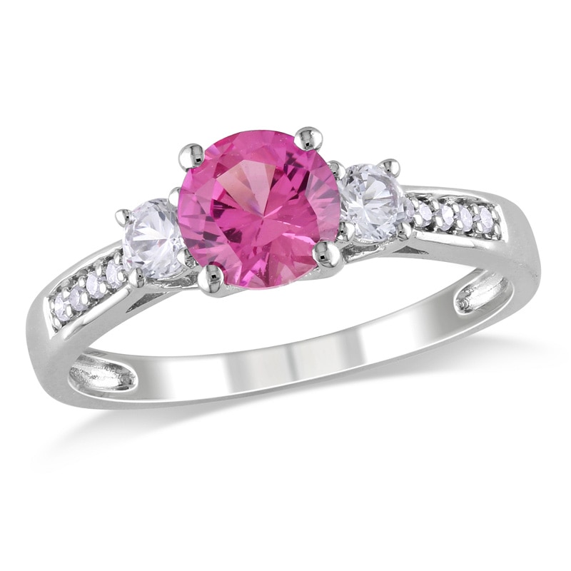 6.0mm Lab-Created Pink and White Sapphire and Diamond Accent Three Stone Ring in 10K White Gold