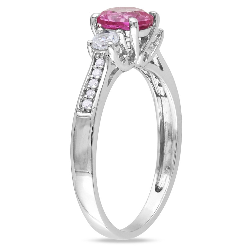 6.0mm Lab-Created Pink and White Sapphire and Diamond Accent Three Stone Ring in 10K White Gold