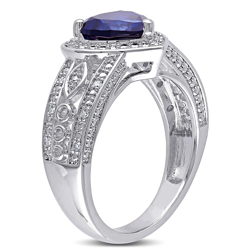 8.0mm Heart-Shaped Lab-Created Blue Sapphire and Diamond Accent Ring in Sterling Silver