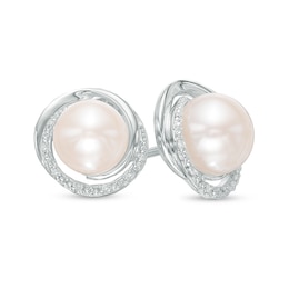 8.0mm Button Cultured Freshwater Pearl and Diamond Accent Swirl Frame Stud Earrings in Sterling Silver
