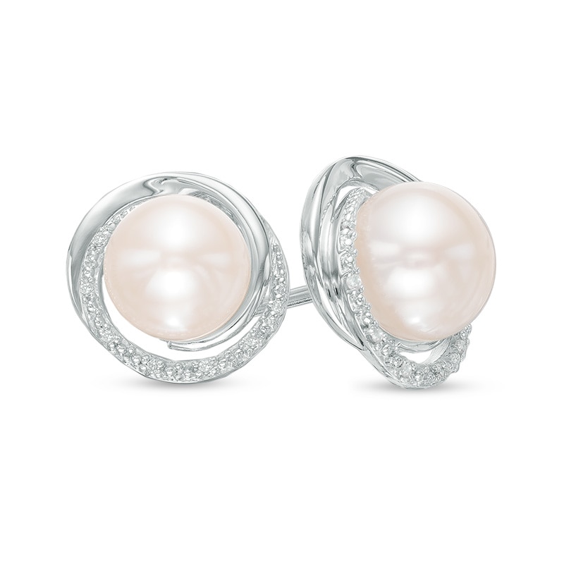 8.0mm Button Cultured Freshwater Pearl and Diamond Accent Swirl Frame Stud Earrings in Sterling Silver|Peoples Jewellers