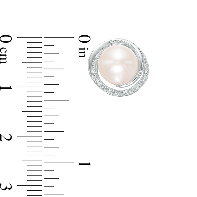 Main Image 2 of 8.0mm Button Freshwater Cultured Pearl and Diamond Accent Swirl Frame Stud Earrings in Sterling Silver