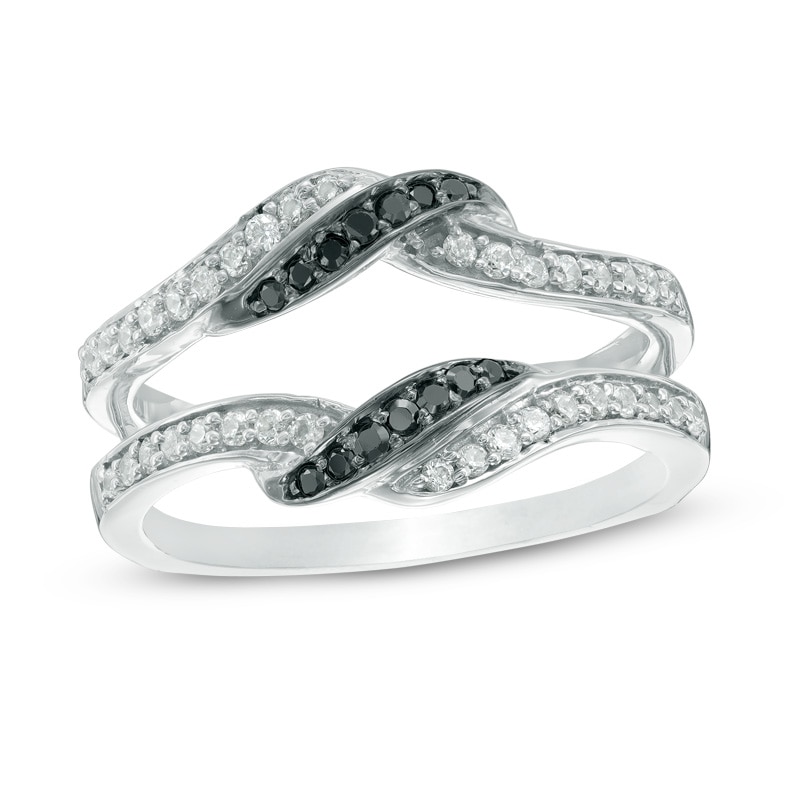 Main Image 1 of 0.30 CT. T.W. Enhanced Black and White Diamond Bypass Crossover Solitaire Enhancer in 10K White Gold