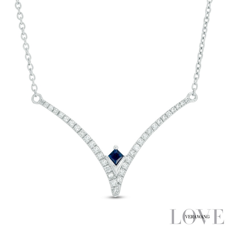 Vera Wang Love Collection 0.18 CT. T.W. Diamond and Blue Sapphire Chevron Necklace in Sterling Silver|Peoples Jewellers