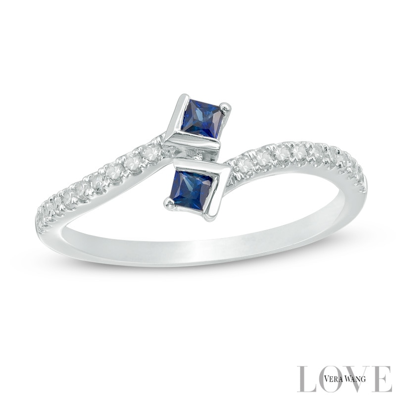 Vera Wang Love Collection 0.13 CT. T.W. Diamond and Blue Sapphire Bypass Ring in 14K White Gold